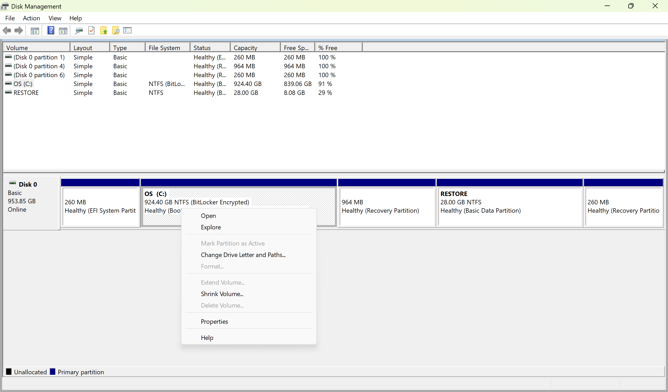 Disk Management Drop-down Menu